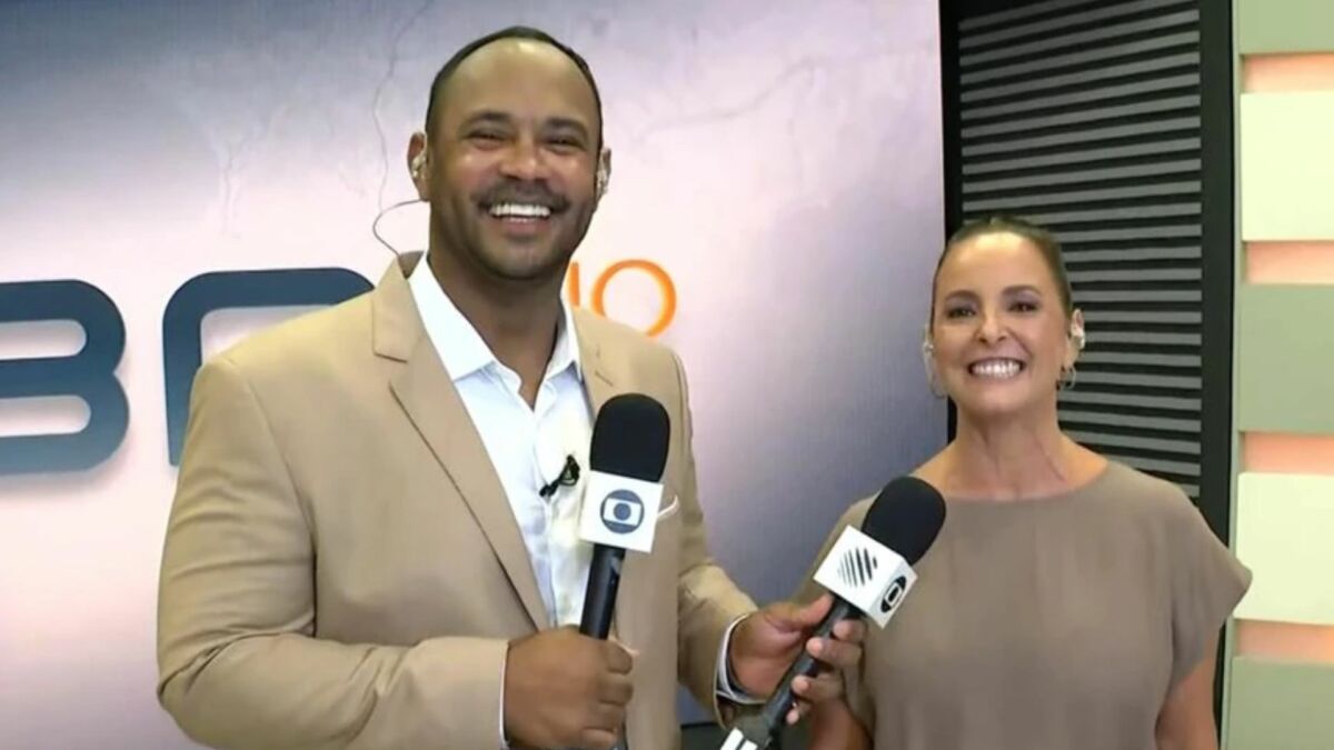 Vanderson Nascimento e Andréa Silva em foto posada no cenário do Bahia Meio Dia