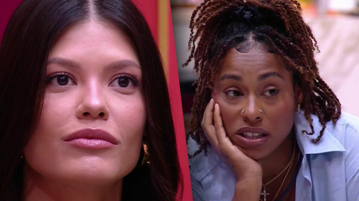 Vitória Strada com semblante assustado olhando para Thamiris durante o sincerão do BBB 25