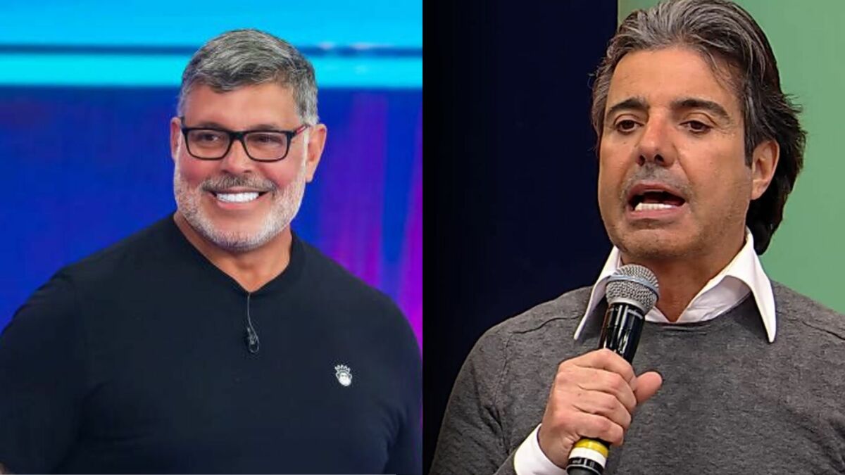 Alexandre Frota sorrindo dividindo tela com João Kléber no cenário do SBT do Domingo Legal