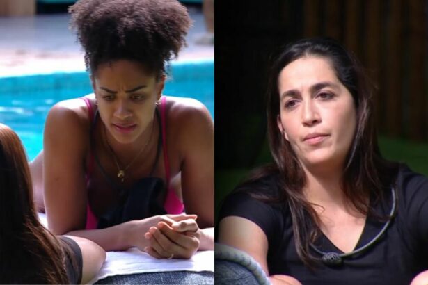 Aline sentada na beira da piscina do BBB 25 olhando para Daniele Hypolito
