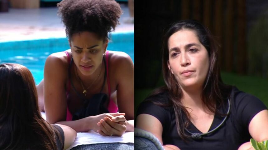 Aline sentada na beira da piscina do BBB 25 olhando para Daniele Hypolito