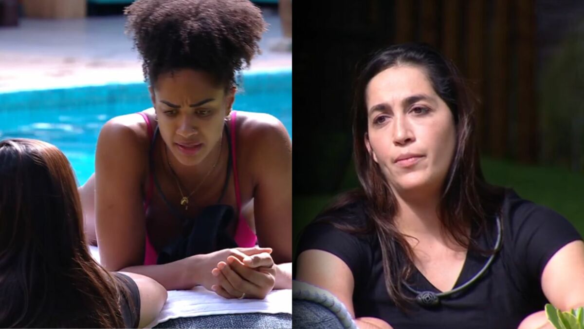 Aline sentada na beira da piscina do BBB 25 olhando para Daniele Hypolito