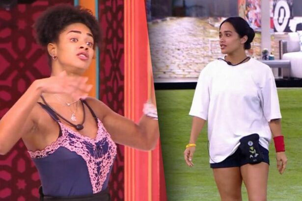 Aline gesticula na porta da casa do BBB 25, enquanto Eva caminha no gramado