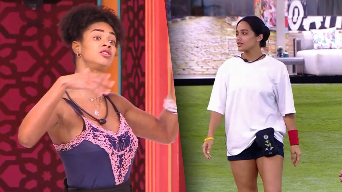 Aline gesticula na porta da casa do BBB 25, enquanto Eva caminha no gramado