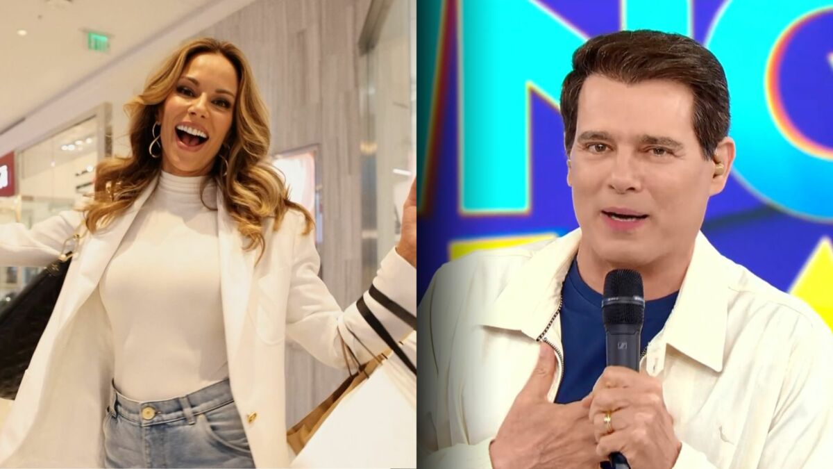 Ana Furtado veste branco e sorrir nos corredores do Domingo Legal. Na segunda tela, Celso Portiolli veste camisa branca de botão e uma azul por dentro no cenário do programa do SBT