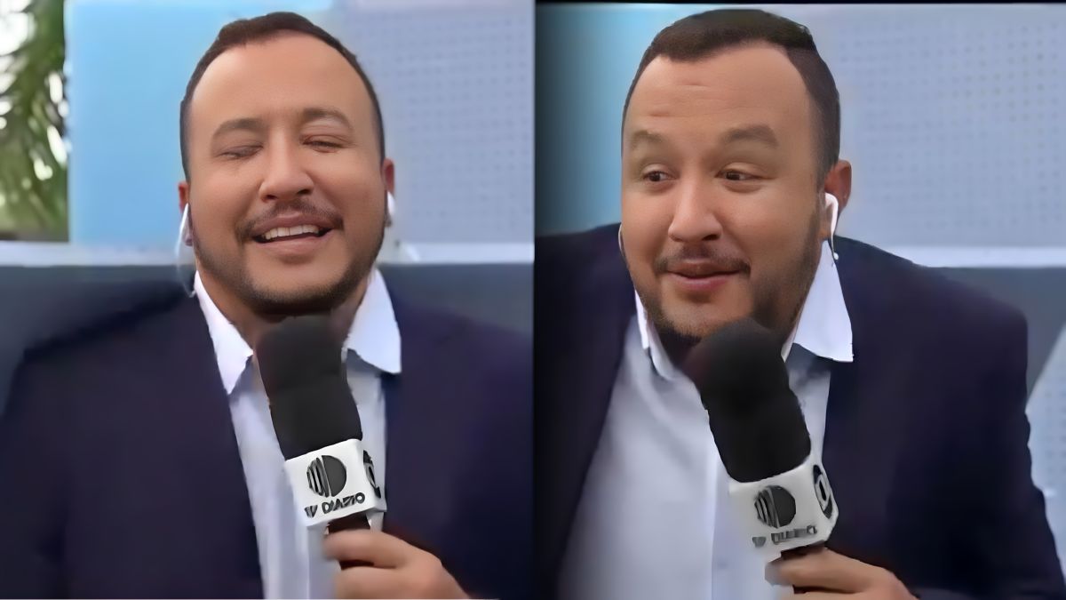 Cenário cai nas costas do apresentador Robson Moreira que rir da situação. Ele segura o microfone da TV Diário, afiliada da TV Globo