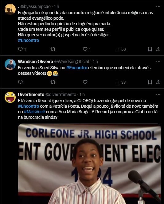 Comentários negativos e positivos na rede social X sobre o Encontro levar cantores gospel para a TV Globo
