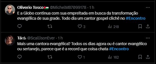 Comentários negativos e positivos na rede social X sobre o Encontro levar cantores gospel para a TV Globo