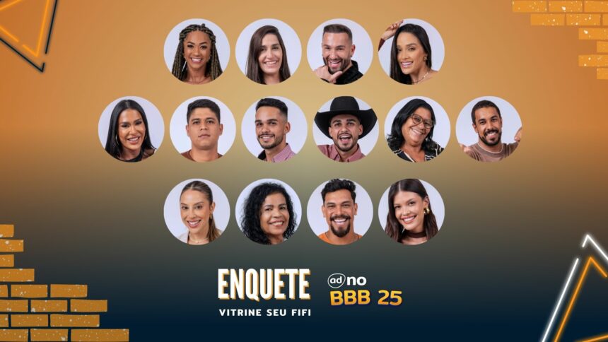 Arte com os 14 brothers do BBB 25, sorridentes, na enquete da vitrine Seu Fifi