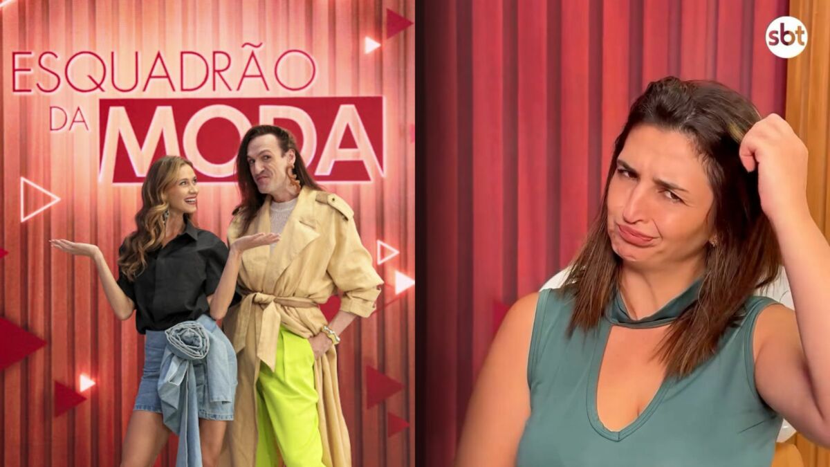 Renata Kuerten olha para Dudu Bertholini no novo cenário do Esquadrão da Moda dividindo tela com a participante Angélica que segura o cabelo