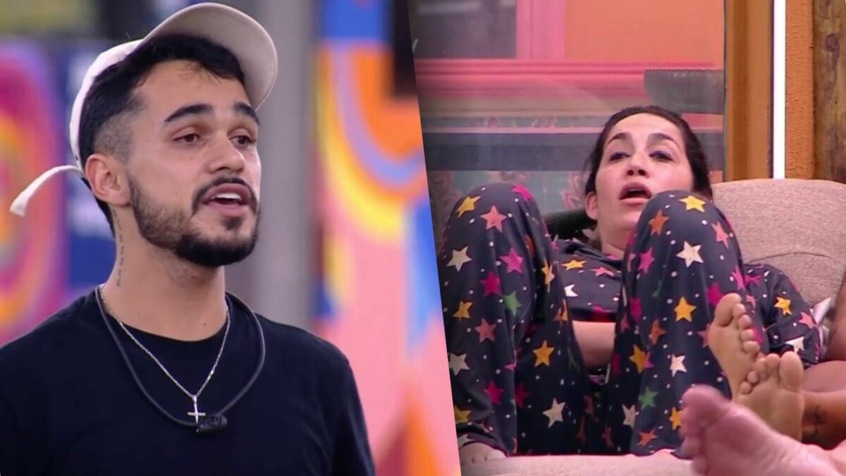 João Gabriel de camisa preta divide tela com Daniele, que está deitada na área externa do BBB 25