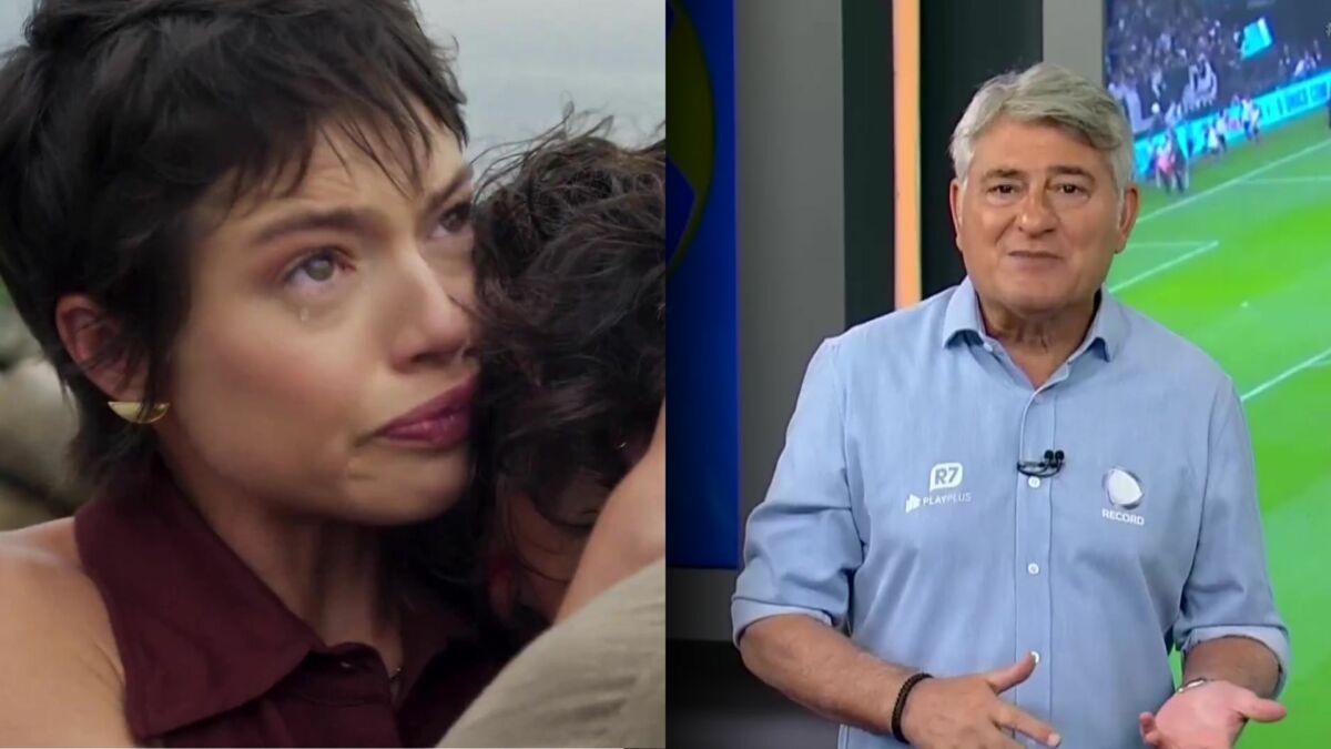 Luma e Mavi choram abraçados numa praia em cena de Mania de Você. Cléber Machado sorrir no cenário da transmissão da Final do Paulistão na RECORD