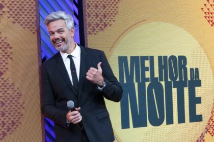 Otaviano Costa sorridente e apontando para o logo do Melhor da Noite na Band