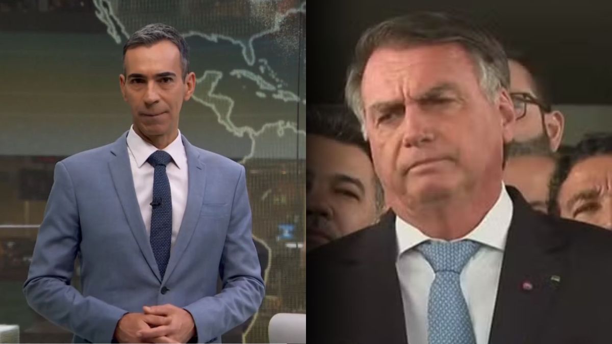 Cesar Trali de terno azul claro no cenário do Jornal Hoje, divide tela com Jair Bolsonaro em entrevista coletiva em Brasília