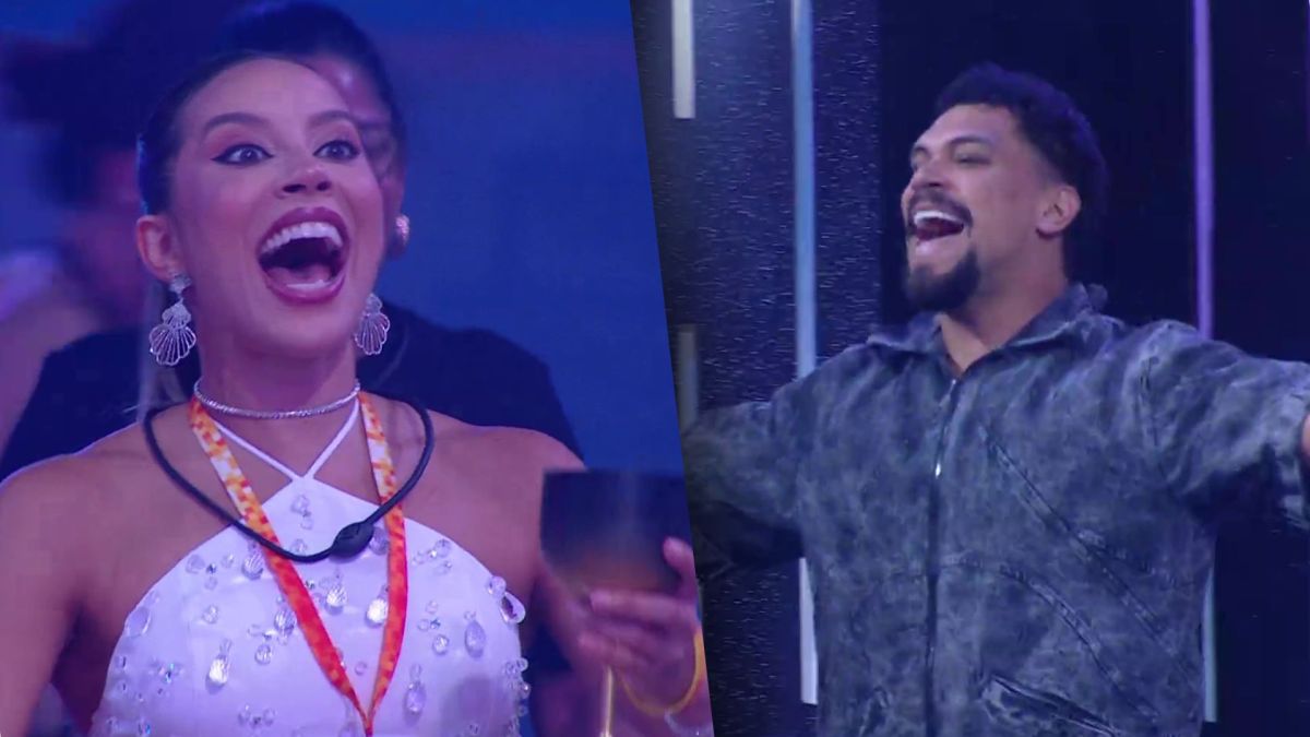 Renata com a boca aberta recebe Vinicius que vem cantando no palco da festa do Líder do BBB 25