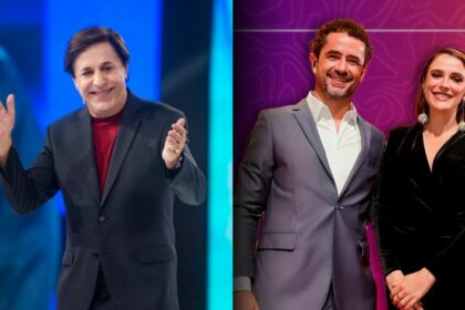 Tom Cavalcante bate palmas no cenário do Acerte Ou Caia! dividindo tela com o casal Felipe Andreoli e Rafa Brites sorrindo na divulgação do Power Couple Brasil 7