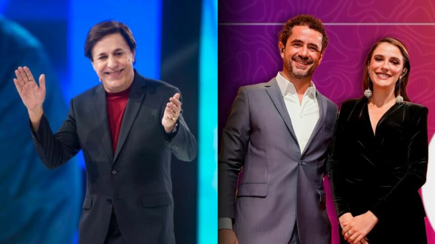 Tom Cavalcante bate palmas no cenário do Acerte Ou Caia! dividindo tela com o casal Felipe Andreoli e Rafa Brites sorrindo na divulgação do Power Couple Brasil 7