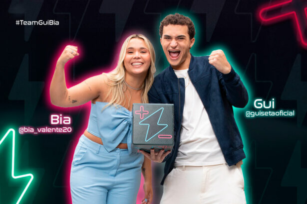 Bia e Gui na arte de divulgação do Power Couple Brasil