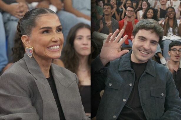 Deborah Secco sorrindo e João Liberato acenando no palco do Altas Horas