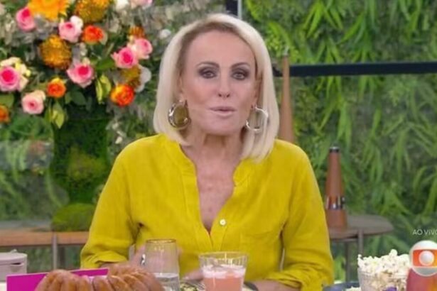 Ana Maria Braga, com uma blusa amarela, na mesa de café da manhã do Mais Você