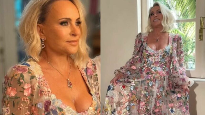 Ana Maria Braga mostrando o vestido florido nos bastidores do casamento