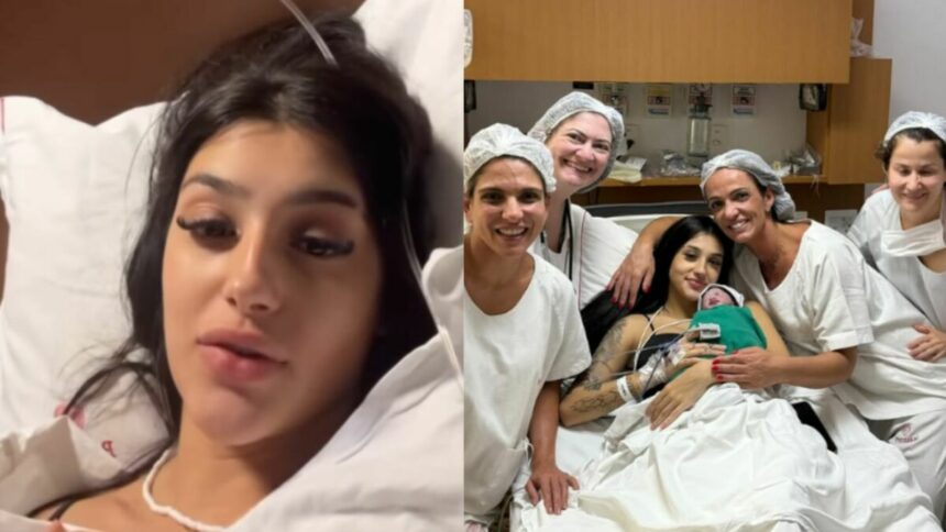 Bia Miranda no hospital, ao lado da equipe médica e com a bebê Maysha no colo