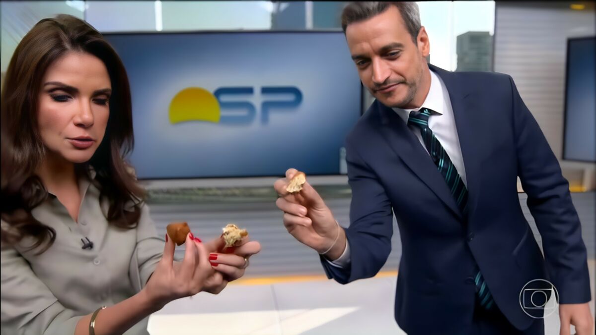 Sabina Simonato e Tiago Scheuer comendo as coxinhas no estúdio do Bom Dia SP