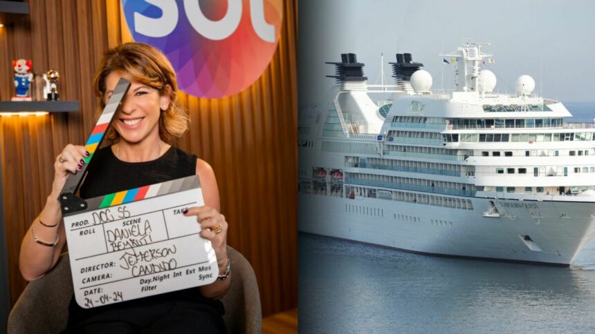 Daniela Beyruti segura claquete e sorrir nos bastidores do SBT. Navio cruzeiro em alto mar divide a montagem com Daniela