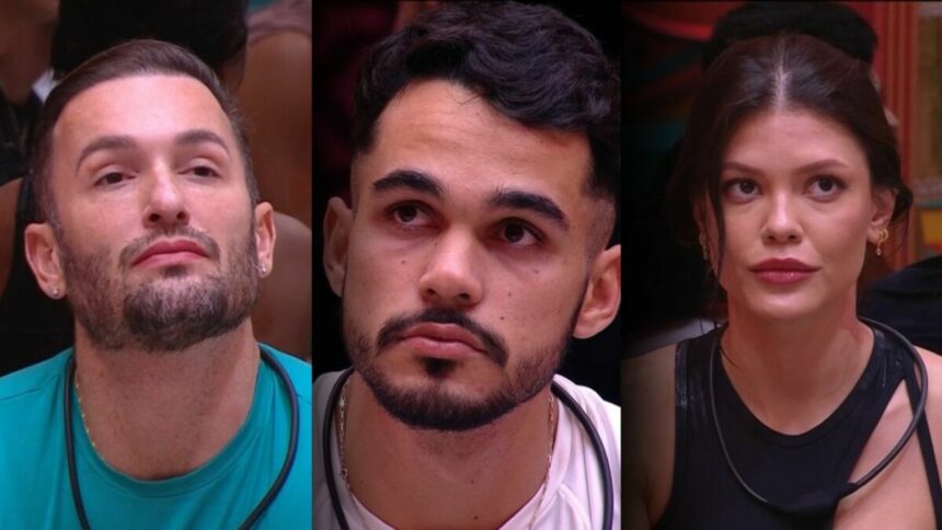 Diego Hypolito, João Gabriel e Vitória Strada com semblante sério e assustados, sentados no sofá do BBB 25