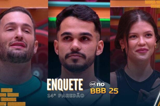 Diego Hypolito, joão Gabriel e Vitória Strada em pé na sala do BBB 25 pedindo votos para continuarem no 14º Paredão