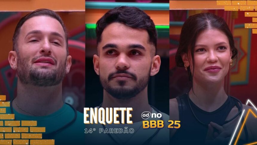 Diego Hypolito, joão Gabriel e Vitória Strada em pé na sala do BBB 25 pedindo votos para continuarem no 14º Paredão