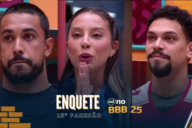 Maike, Renata, Vinicius na sala do BBB 25 pedindo votos para não serem eliminados no 15º Paredão da temporada