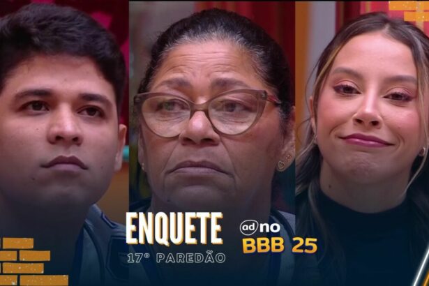Guilherme, Joselma [Delma] e Renata com semblantes tristes na arte da enquete 17º Paredão do BBB 25
