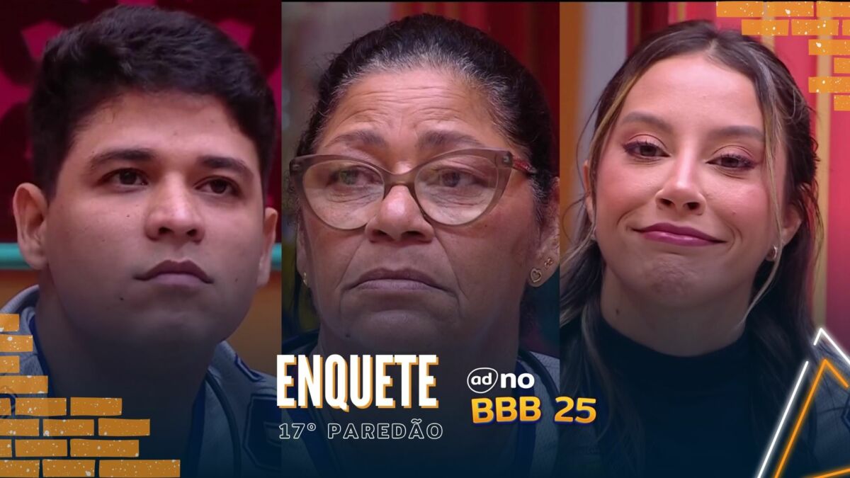 Guilherme, Joselma [Delma] e Renata com semblantes tristes na arte da enquete 17º Paredão do BBB 25