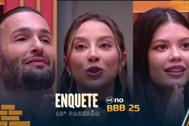 Diego Hypolito, Renata e Vitória Strada pedindo votos, na arte da enquete do 18º Paredão do BBB 25