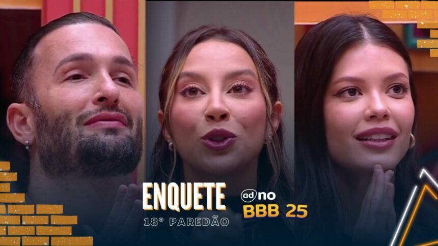 Diego Hypolito, Renata e Vitória Strada pedindo votos, na arte da enquete do 18º Paredão do BBB 25