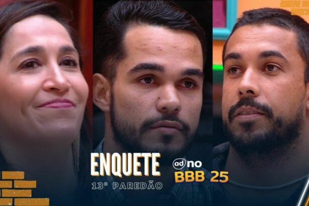 Daniele Hypolito, João Pedro e Maike na sala do BBB 25 pedindo votos para o 13º Paredão da temporada