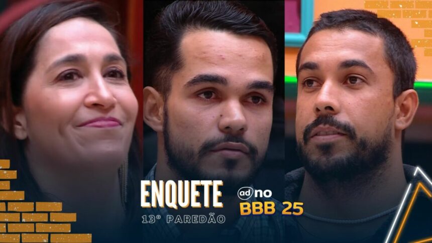 Daniele Hypolito, João Pedro e Maike na sala do BBB 25 pedindo votos para o 13º Paredão da temporada