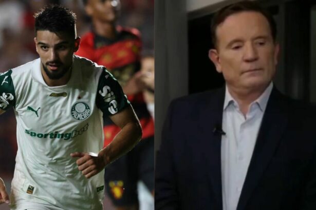 Flaco López, com a camisa do Palmeiras, e Roberto Cabrini, no Domingo Espetacular, em uma montagem