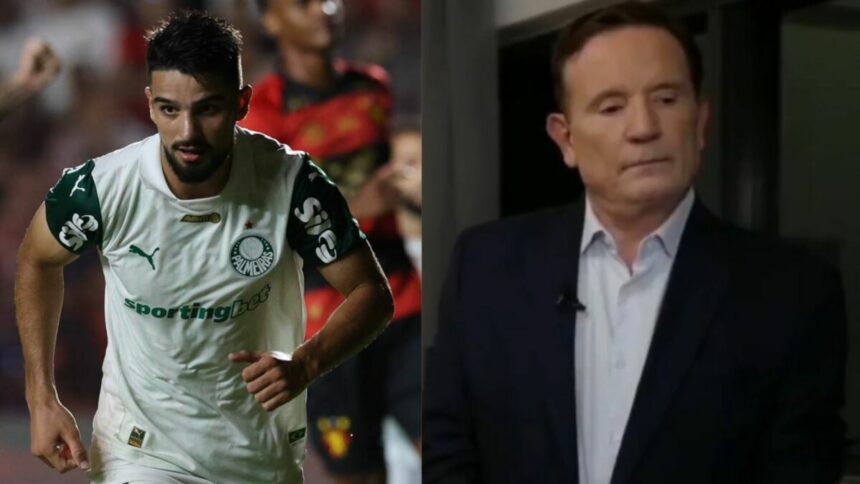 Flaco López, com a camisa do Palmeiras, e Roberto Cabrini, no Domingo Espetacular, em uma montagem