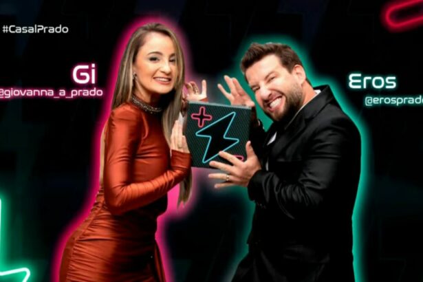 Gi e Eros Prado na arte de divulgação do Power Couple Brasil