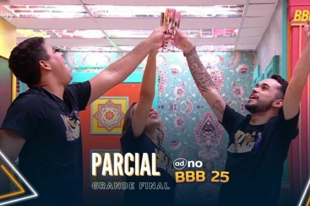Guilherme, João Pedro e Renata na arte da parcial da enquete da final no BBB 25