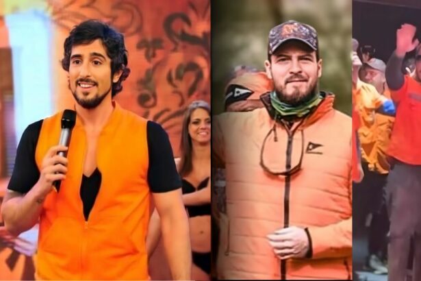 Marcos Mion de jaqueta laranja apresentando o Legendários. Tiago Nigro e famosos também vestidos com jaqueta laranja no movimento Legendários