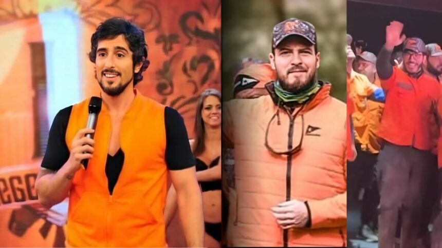 Marcos Mion de jaqueta laranja apresentando o Legendários. Tiago Nigro e famosos também vestidos com jaqueta laranja no movimento Legendários