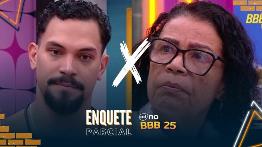 Vinicius com semblante assustado divide tela com Vilma, que está séria, na arte da enquete do BBB 25
