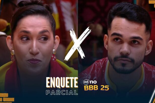 Daniele Hypolito olhando para João Pedro na arte da parcial da enquete do 13º Paredão do BBb 25