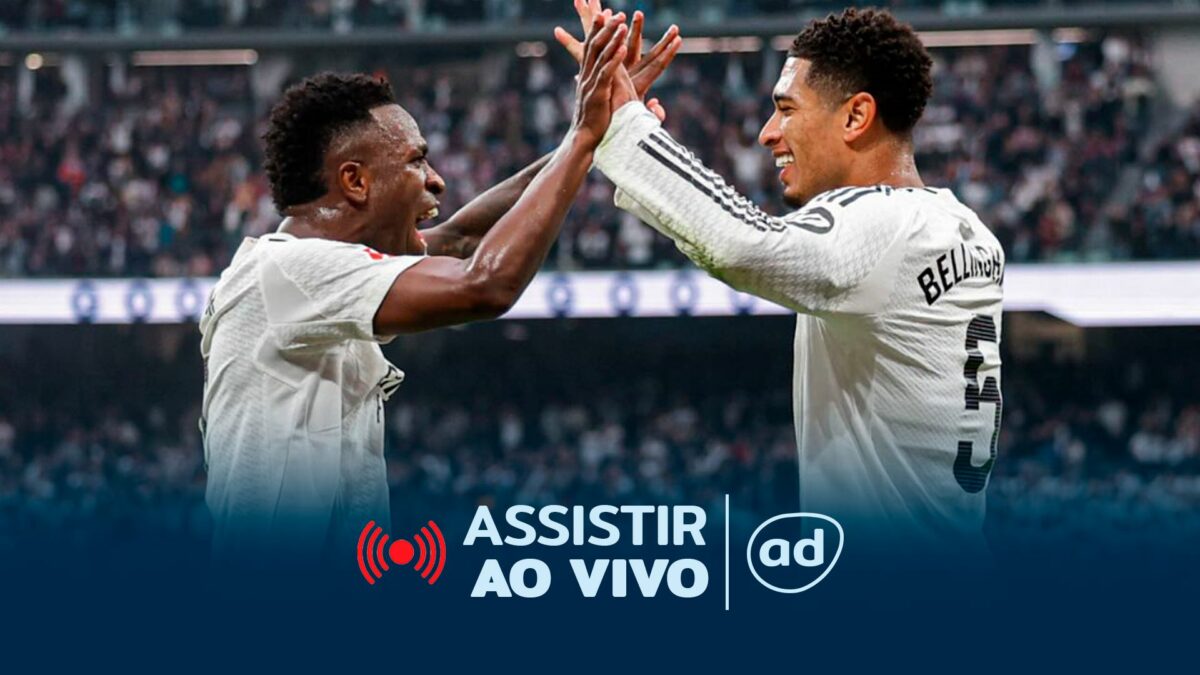 Vini Jr e Jude Bellingham na arte onde assistir ao jogo Real Madrid x Arsenal