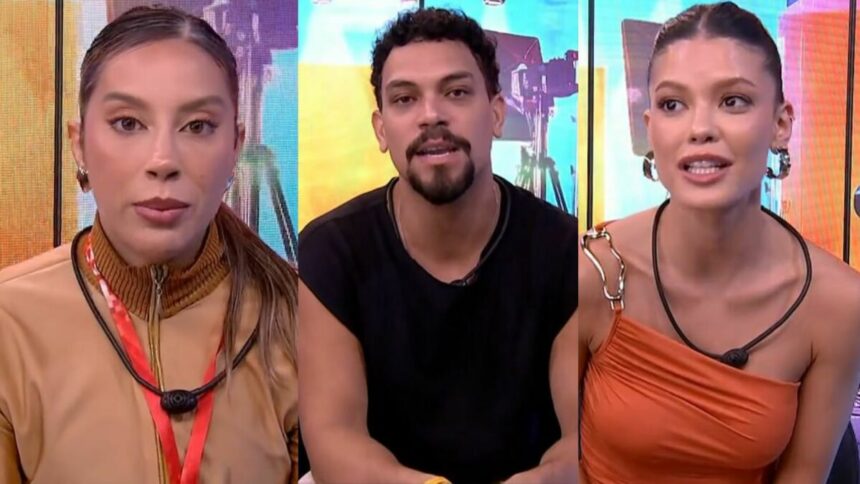 Renata, Vinicius e Vitória Strada em uma montagem no BBB 25