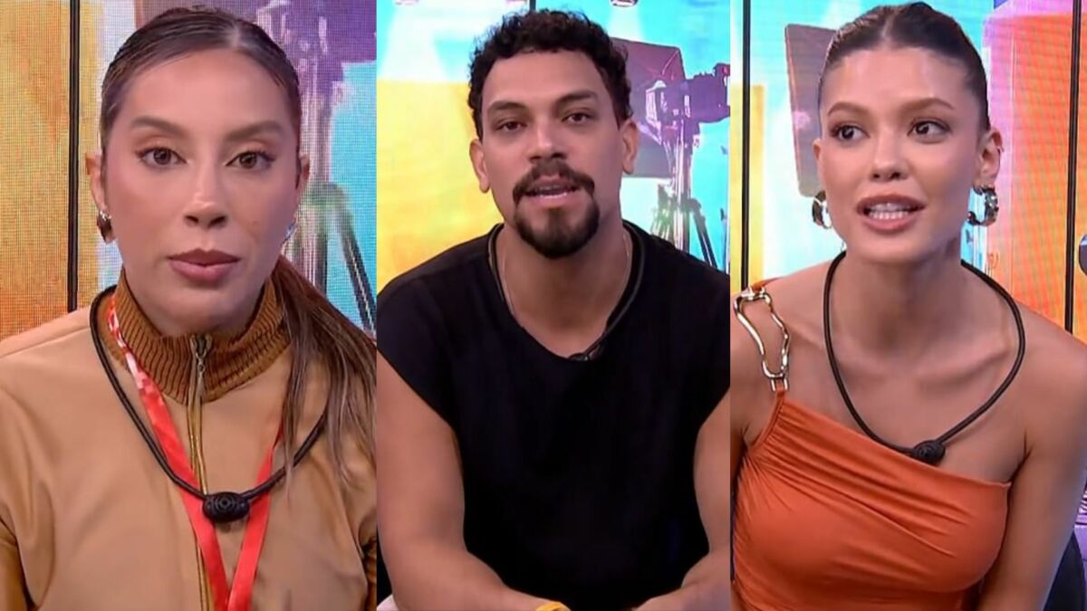 Renata, Vinicius e Vitória Strada em uma montagem no BBB 25
