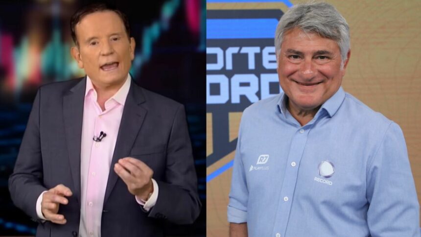 Roberto Cabrini e Cleber Machado em uma montagem na RECORD